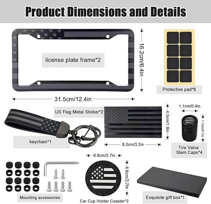 American Flag License Plate Frames Holder - 2 Pack Stainless Steel Rustproof USA Patriotic Car Tag Cover Holder with Free Screws Accessories + Metal Stickers & Keychain & Cup Holder Mats, Black Gray