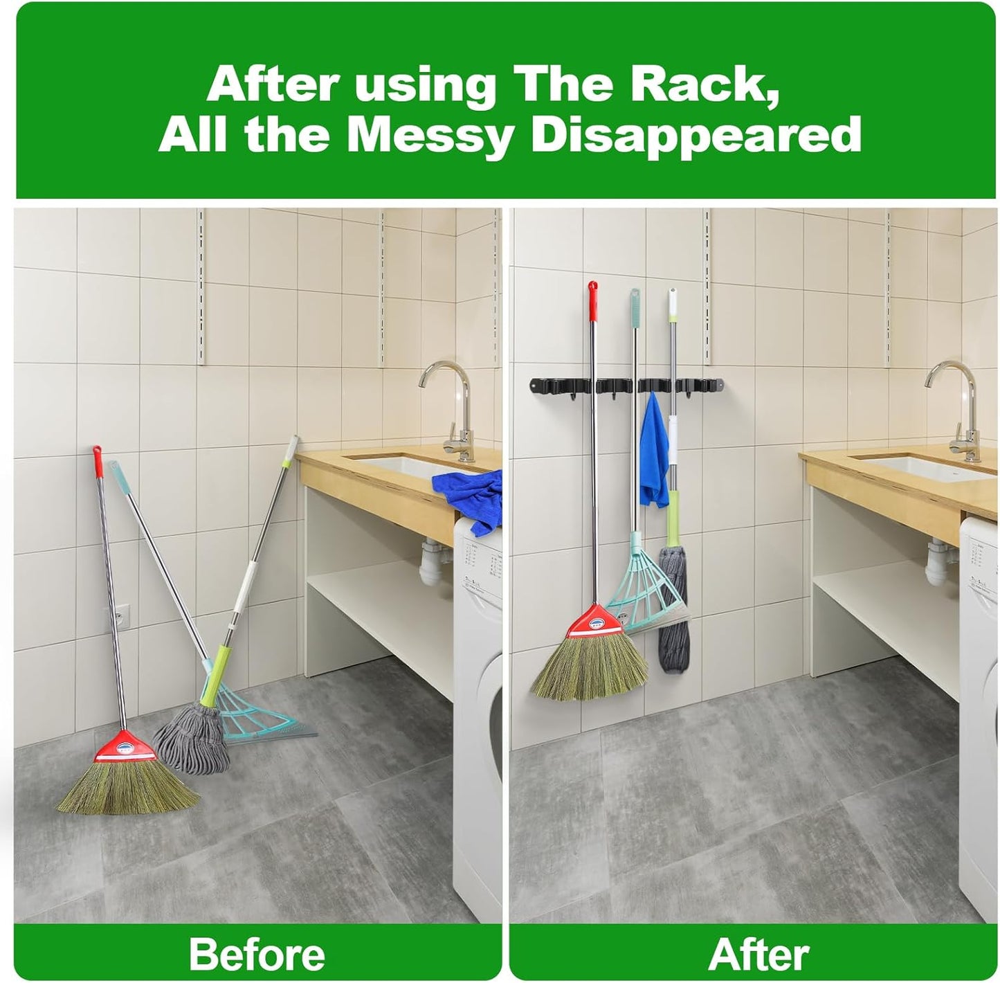 voze [2 Pack] 5 Racks and 4 Hooks Mop and Broom Holder Wall Mount, Self Adhesive Heavy Duty Broom Organizer Storage Tool Racks for Kitchen Garden Laundry Garage Black