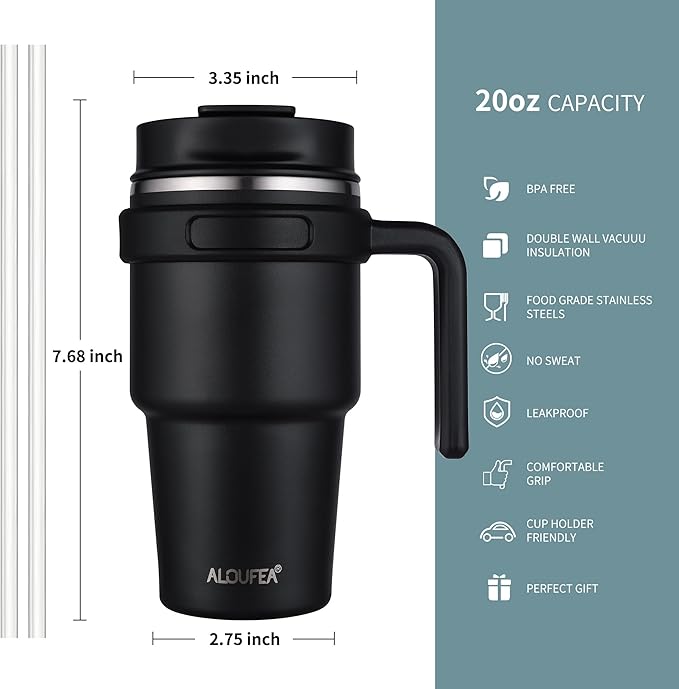 ALOUFEA 20 oz Insulated Coffee Mug Tumbler with Handle, Stainless Steel Travel Mug Tumbler with Lid and Straw,Double Wall Vacuum Leak Proof Ice Coffee Thermal Cup, Lavender Glitter