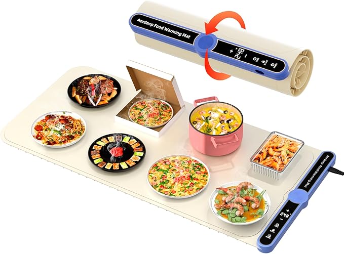 Silicone Food Warmers for Parties Buffet XL:32''X15'' Extra Large Warming Mat for Food 450W Max 248°F Portable Rolled-up Even Heating in 8S 9-Level TEMP Auto Power Off-Beige