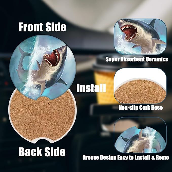 Car Cup Holder Coaster - Great White Shark Absorbent Ceramic Coaster 2 Pack, Car Coasters for Cup Holders, Fashion Car Interior Accessories Drink Coaster for Women & Men