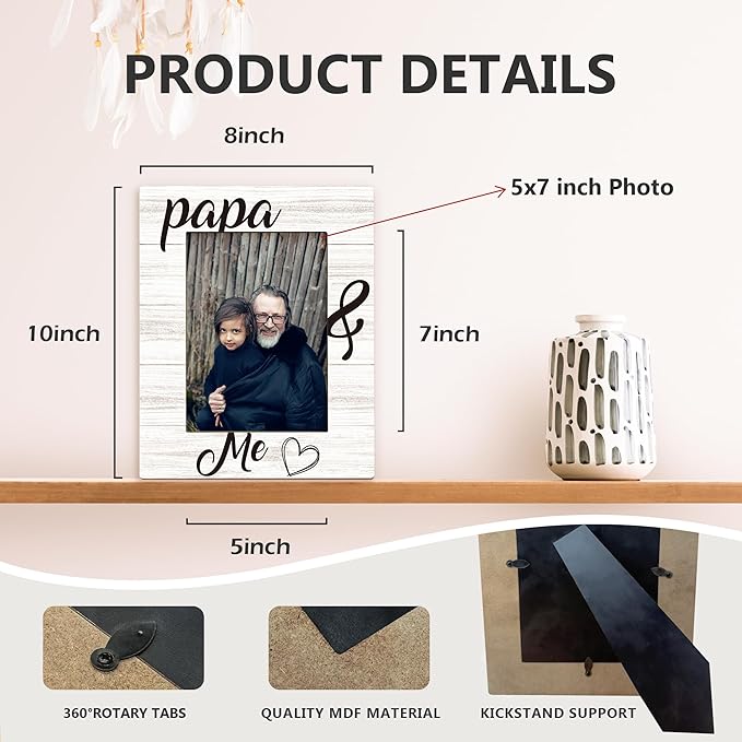 Papa Gifts Picture Frame 5x7, Grandpa Photo Frame, Christmas Fathers Day Birthday Gifts for Papas from Grandkids Grandchildren, Papa and Me Wooden Picture Photo Frames for Desk Home Room Decor