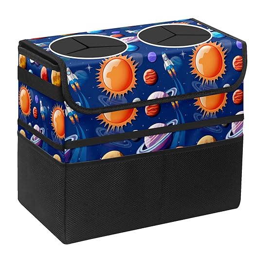 Car Trash Can Navy Blue Space Planets Art Large Storage Garbage Can with Lid Hanging for Back Seat Leakproof Automotive Vehicle Trash Bin