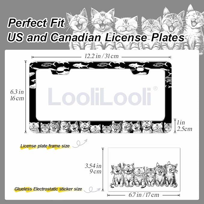 1pcs Black White Cat Fish Plate Frame for Women, Kitten Fish car tag Frames Girly for Vehicle with Non Adhesive Electrostatic Sticker