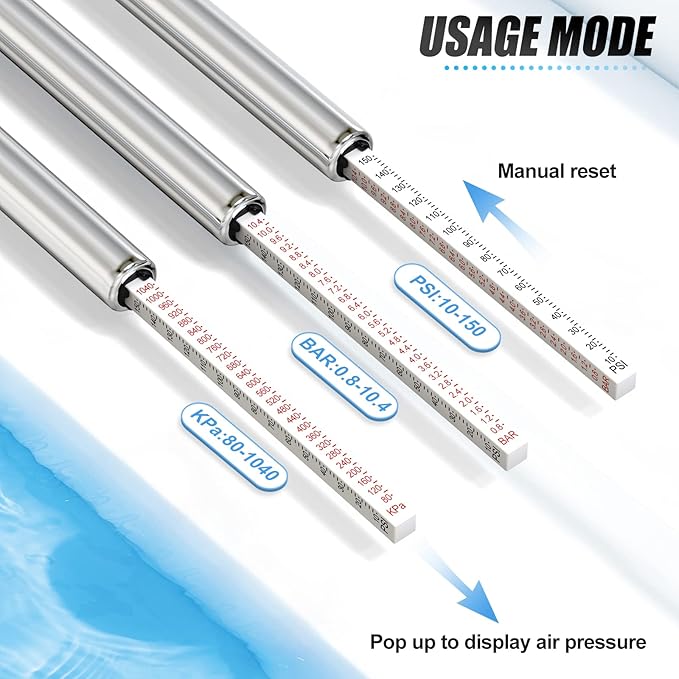 MEANLIN MEASURE Silver Double Straight Type Tire Pressure Gauge，Dual Head Air Pressure Gauge 5Pcs，Pressure Range 10-150 Psi(Suitable for Trucks, etc.