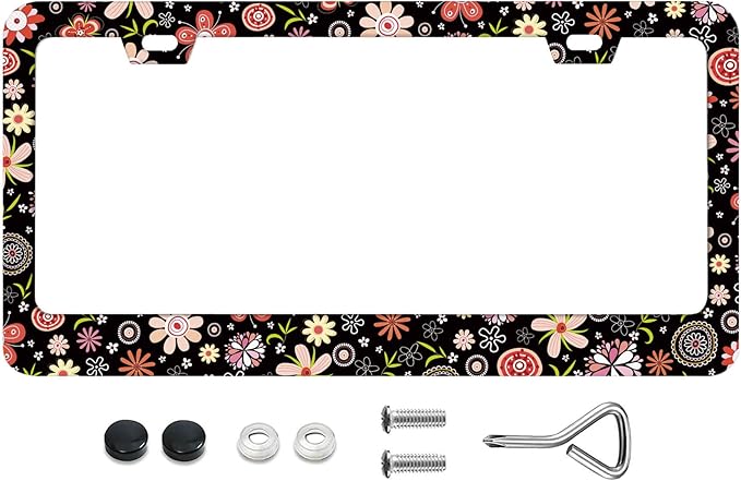 Personalise Floral Flowers License Plate Frames, Rust-Proof Stainless Steel - Screws, Fasteners, and Caps Included - Personalized Cover for Women and Men -12.3x6.3 Inch License Plate Holder -DATANSEN