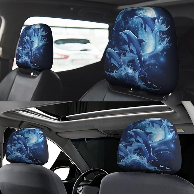 Dujiea 2 Pack Dolphin Moon Car Headrest Covers, Universal Soft Car Seat Head Rest Protector, Vehicle Accessories Fabric Headrest Cover for Cars Vans Trucks