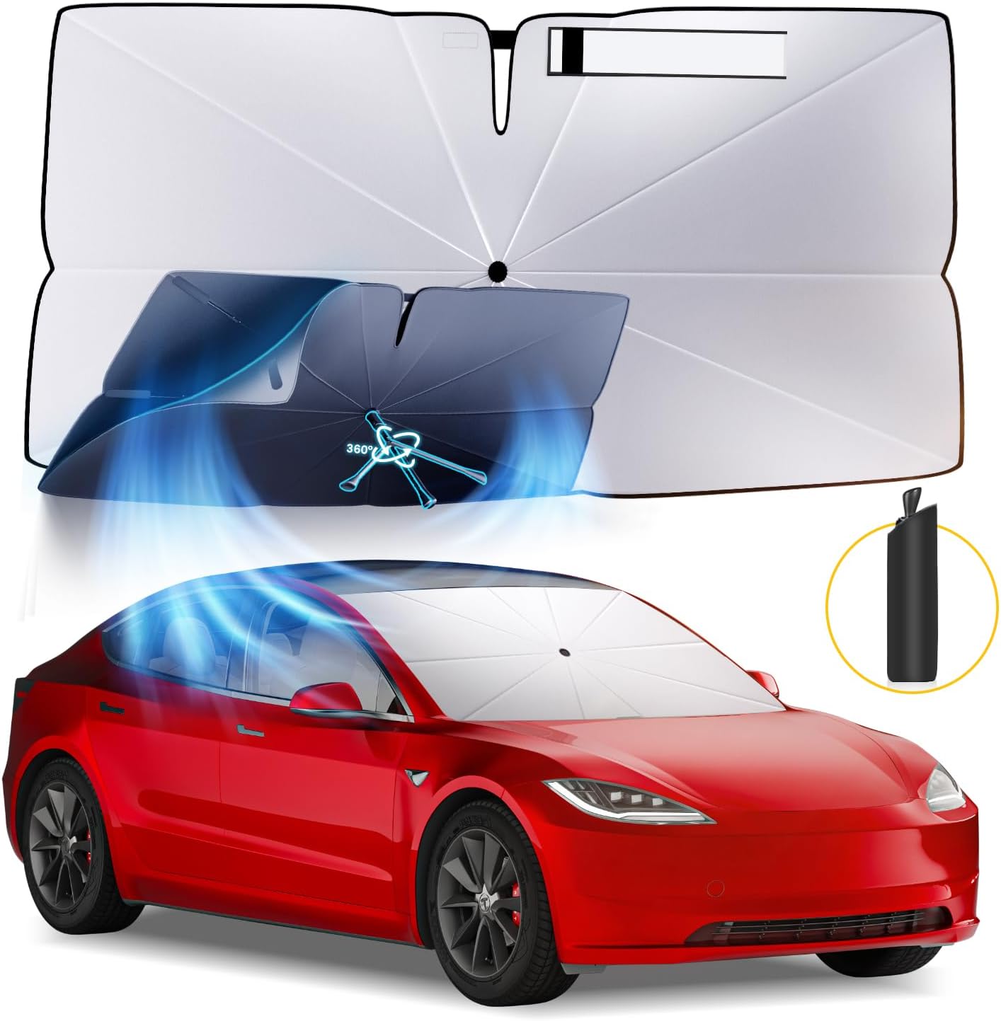 Windshield Sun Shade Umbrella: for Tesla Model3-2016-2023 2024 2025 Model 3 Highland- Front Car Tesla Window Shades - 4-Layers Tesla-Model 3 Thickened Foldable Sunshades Block UV Keep Cool