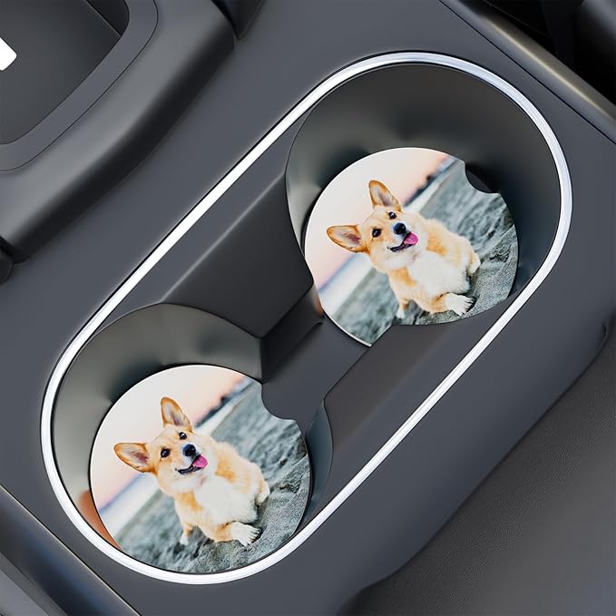 Car Cup Holder Coaster, Car Coasters for Cup Holders, 2 Pack Universal Anti Slip Insert Absorbent Ceramic Auto Interior Accessories with A Finger Notch & Cork Base, Cute Dog