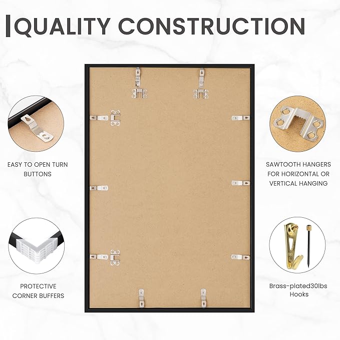 Heimlove 16X24 Aluminum Picture Frame, Black Metal Picture Frame with Mat for 12x18 Photo - Wall Mount - Picture Frame for Wall Display for Home, Room, Office Decor - Black, Set of 1