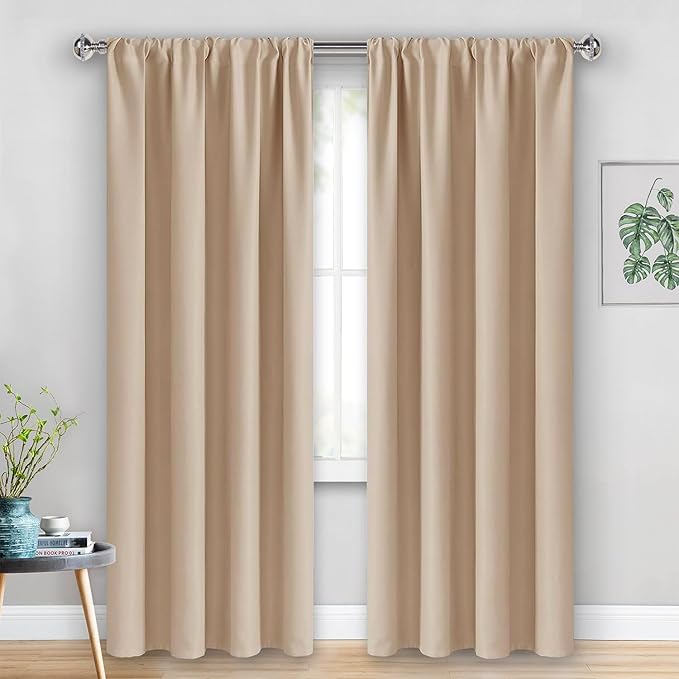 JIUZHEN Blackout Curtains for Bedroom - Thermal Insulated Room Darkening Rod Pocket Curtains for Living Room, Set of 2 Panels with Tiebacks, 38 x 84 Inch Length, Beige