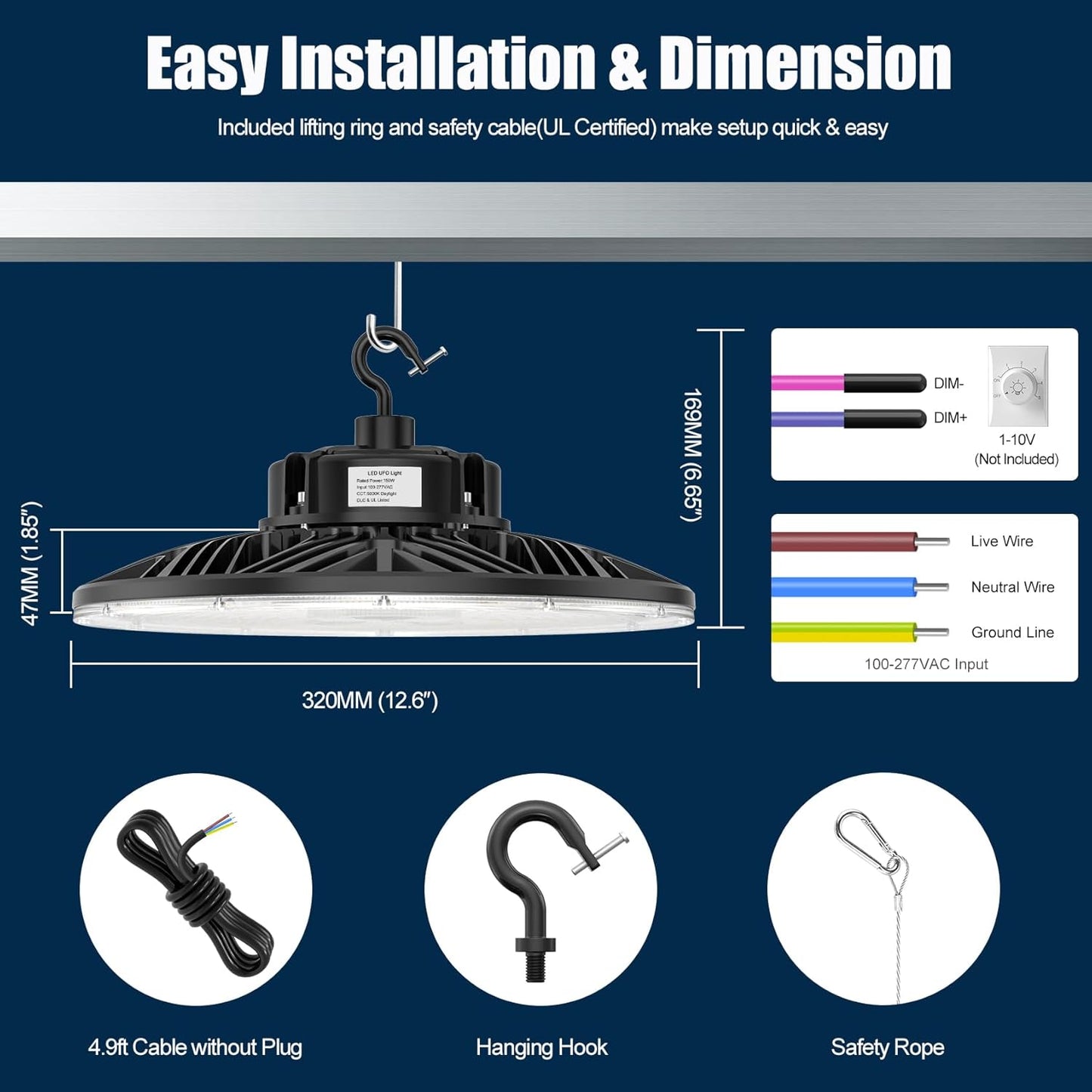 BBESTLED 150W LED UFO Baylight 21000 Lumens IP65 Waterproof Dimmable LED Work Bench Light for Workshop Gym Car Garage, Warehouse Light Low Bay Commercial Ceiling Lighting AC100-277V Input