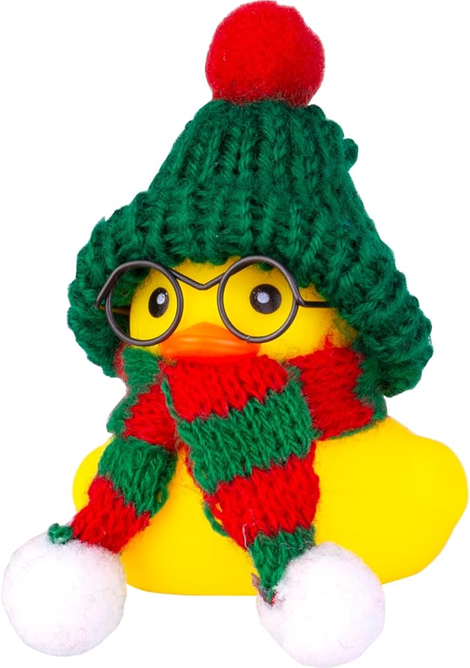 Car Rubber Duck Ornament Winter Duck Car Dashboard Decoration Accessories with Mini Beanie Hat Sunglasses Necklace or Bow(E4)