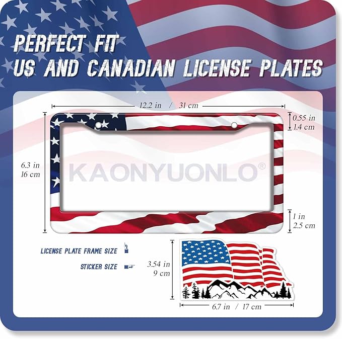 1PCS American Flag License Plate Frame Holder - USA Stars and Stripes Auto Universal Aluminum Matte Car Tag Holder Covers with Sticker & Screws for Men (A-Wave, 1 PCS)
