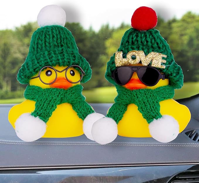 Car Rubber Duck Ornament Winter Duck Car Dashboard Decoration with Mini Beanie Hat Glasses and Scarf (E6)