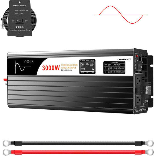 Xijia 3000W (Peak Power 6000W) Pure Sine Wave Power Inverter DC24V to 110V 120V ac Converter 60HZ with Soft Start for car &Camping (DC24V (Range 20V-30V) 3000W)