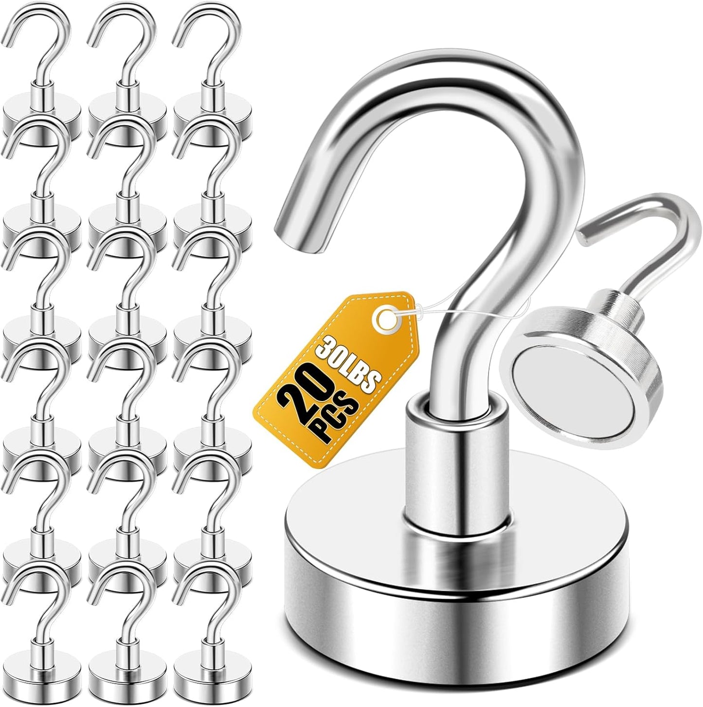 DIYMAG Magnetic Hooks, 30lbs+ Magnet Hook 2025 Cruise Cabin Ship Essentials Heavy Duty Strong Magnets Refrigerator Fridge Hanging for Classroom Beach Vacation Kitchen Grills Home 20 Pack (Silver)