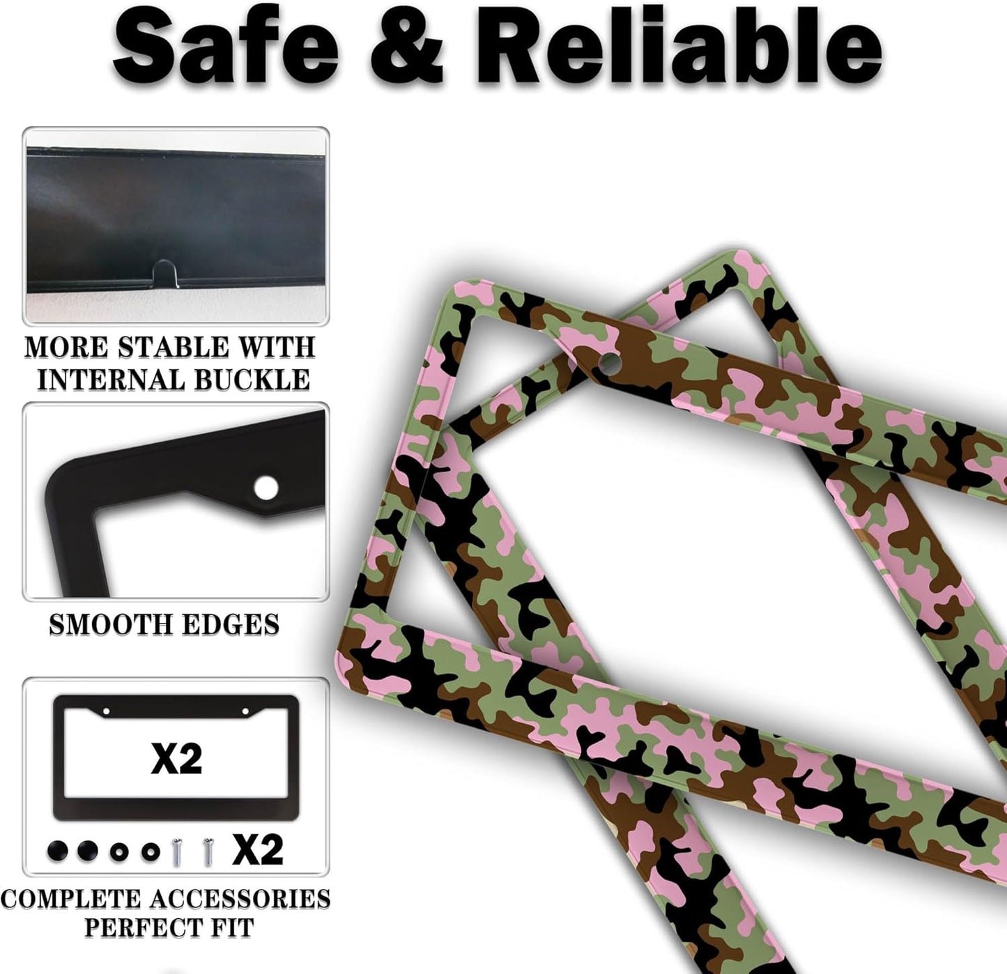 License Plate Protector Multicolor License Plate Frames Pink Camouflage Camo Aluminum Metal Car Accessory 2 Pack with Screw Covers Set
