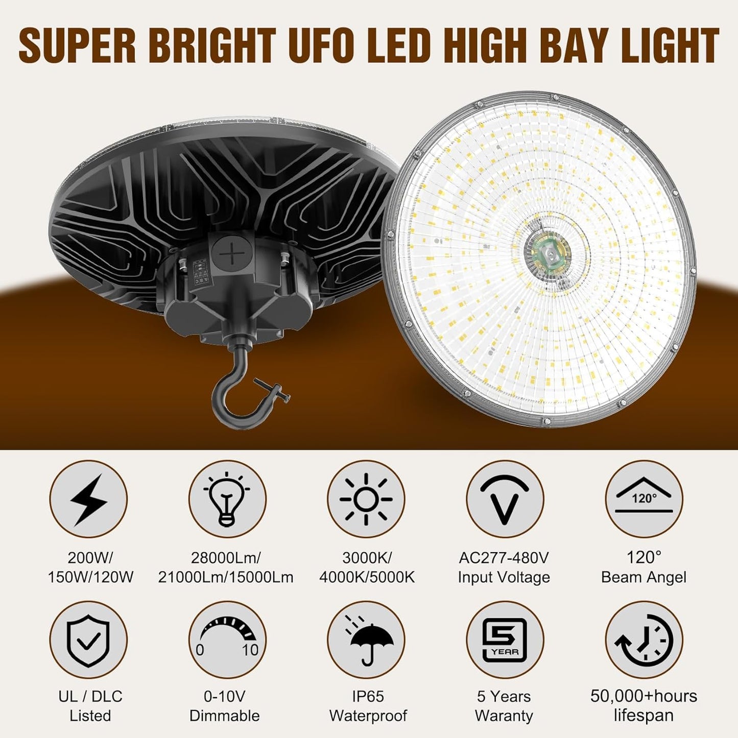 480V UFO LED High Bay Light 200W 150W 120W Adjustable, UL DLC Listed Dimmable High Bay LED Shop Lights 3000K 4000K 5000K, IP65 Waterproof Commercial Bay Lighting for Warehouse Factory