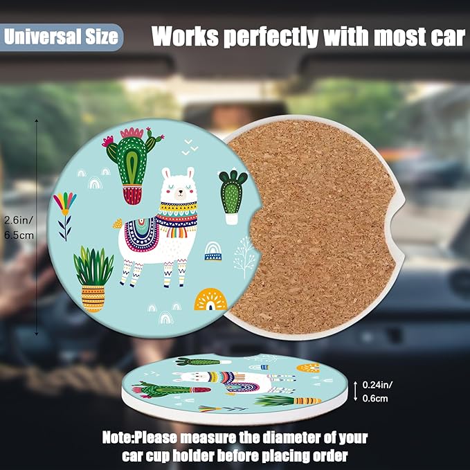 Car Cup Holder Coaster - Alpaca Plants Absorbent Ceramic Coaster 2 Pack, Car Coasters for Cup Holders, Fashion Car Interior Accessories Drink Coaster for Women & Men