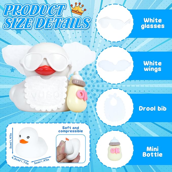 White Rubber Duck Car Decor with Wings, White Sunglasses, OK Bottle & Bib, DIY Dashboard Ornaments for Car, Office, Home,4 Small & 1 Large Stickers