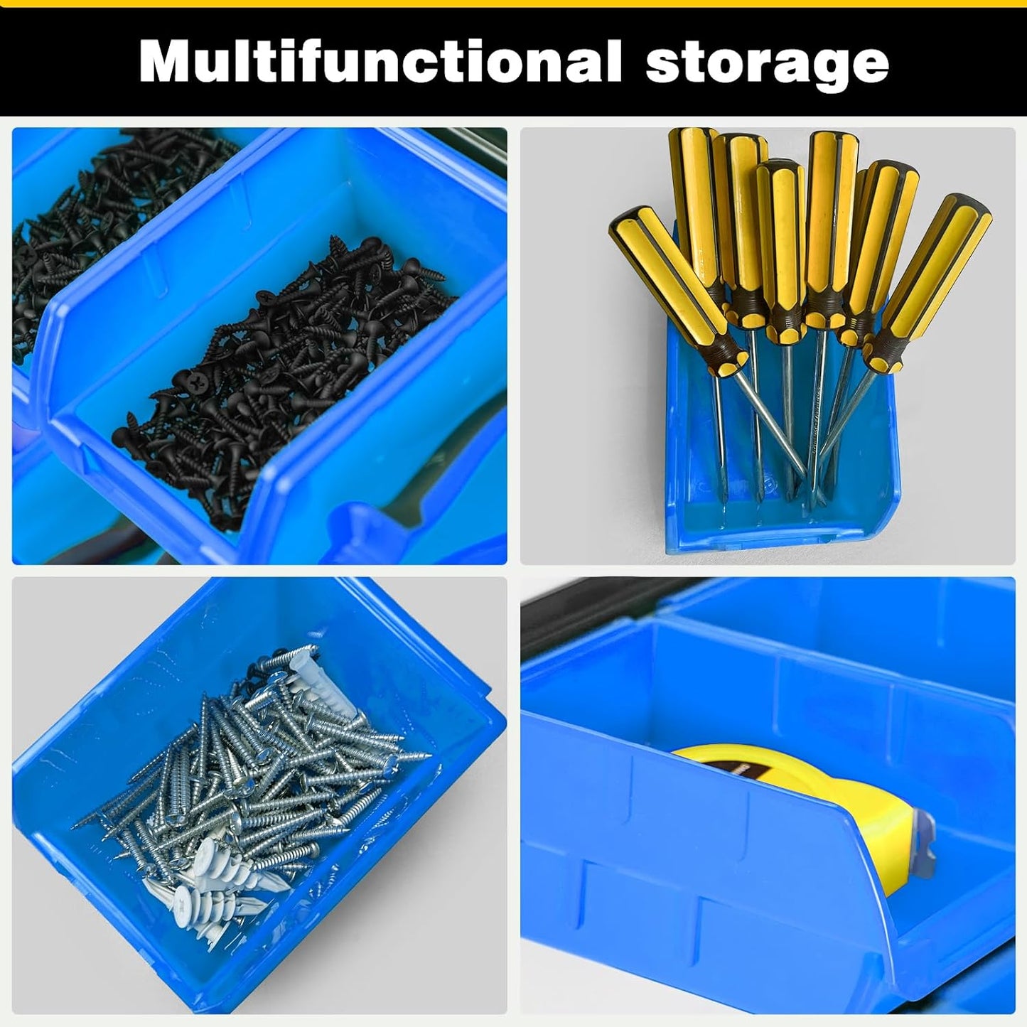 Ultrawall Wall Mounted Storage Bins, Plastic Hanging Storage Organizer Bins, Garage Tool Storage System for Screws, Nuts, Bolts, Nails, and Small Hardware Parts, 12x bins & 3 x rails, Blue