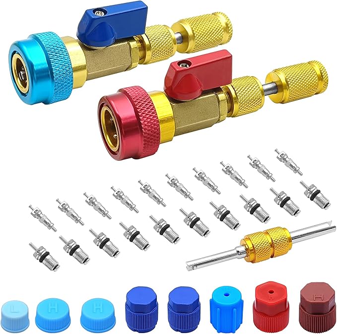31Pcs R134A Valve Core Quick Remover Installer Tool Kit for High Low Pressure Car A/C Systems -Valve Stem Cores, Seal Caps for R134a Refrigerant Air Conditioner System