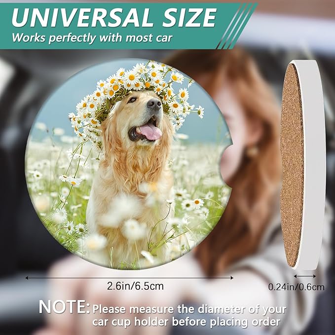 2 Pack Car Cup Holder Coasters - Dog Flower Absorbent Ceramic Coaster, Car Coasters for Cup Holders, Car Interior Accessories for Women Men