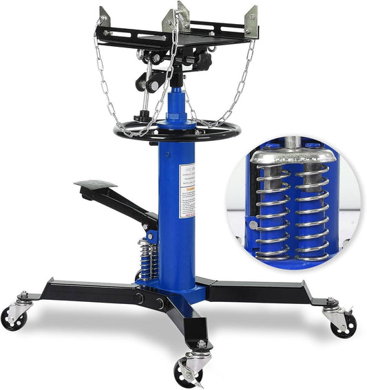 Dual Plunger Hydraulic Transmission Jack 1322lbs Capacity, 33.5"-69" High Lift 2-Stage Hydraulic Telescoping Jack, Trans Jack Stand with 8MM Non-Slip Pad, Foot Pedal & Swivel Wheel, Blue