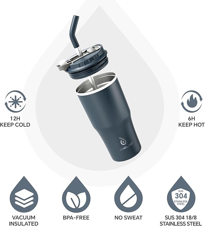 Ideus Insulated Tumbler with Lid and Straw 18 oz, Stainless Steel Double-Wall Vacuum Leak-Proof Travel Coffee Mug, Cup Holder Friendly, Navy Blue