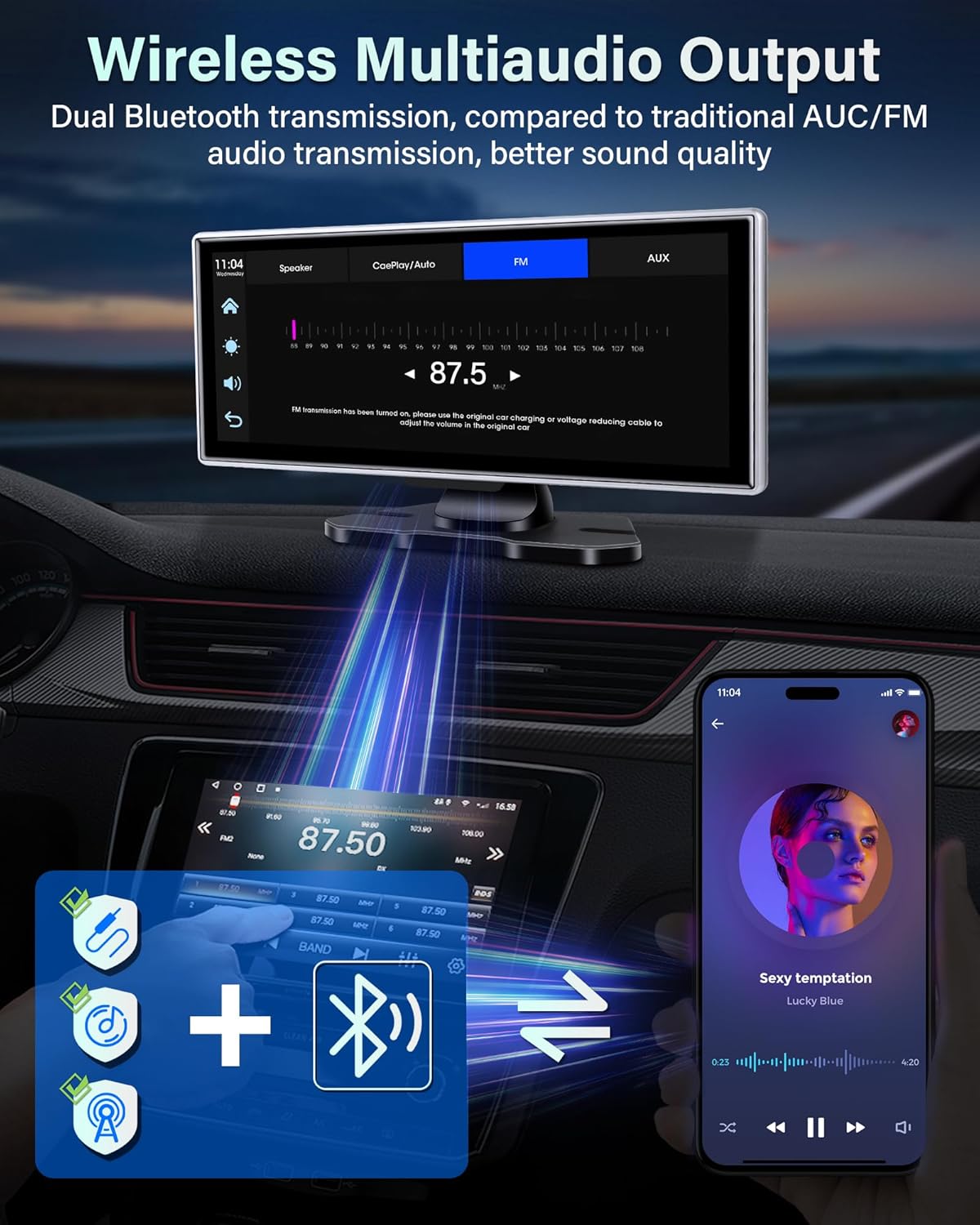 2025 Exclusive 11.26'' Portable Wireless Apple CarPlay Screen for Car & Android Auto Car Stereo, 2.5K Dash Cam 1080P Backup Camera car Audio Receivers/GPS Navigation/Voice Control for All Vehicles