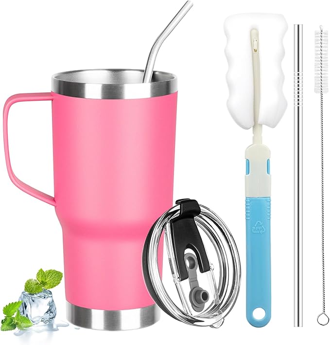 20 oz Tumbler with Handle, Stainless Steel Insulated Tumbler with Lid and Straw, Double Wall Vacuum Insulated Coffee Mug, Insulated Coffee Thermal Cup for Cold and Hot (Rose Red)