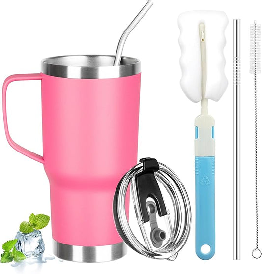 20 oz Tumbler with Handle, Stainless Steel Insulated Tumbler with Lid and Straw, Double Wall Vacuum Insulated Coffee Mug, Insulated Coffee Thermal Cup for Cold and Hot (Rose Red)