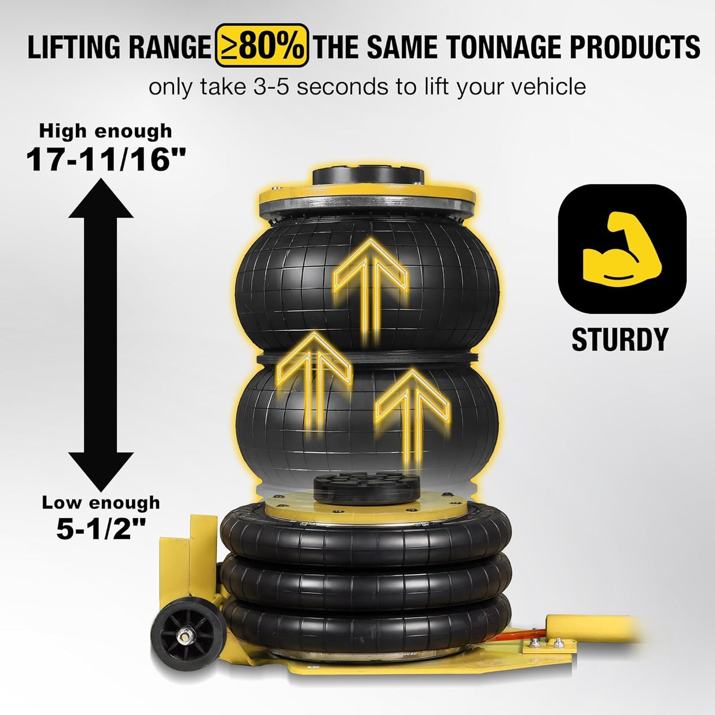 YELLOW JACKET Air Jack 3 Ton Triple Bag Air Jack with Six Steel Pipes, Portable Pneumatic Jack with Long Hand, 3-5 s Fast Lifting Airbag Jack for Cars, Garages, Repair, Yellow