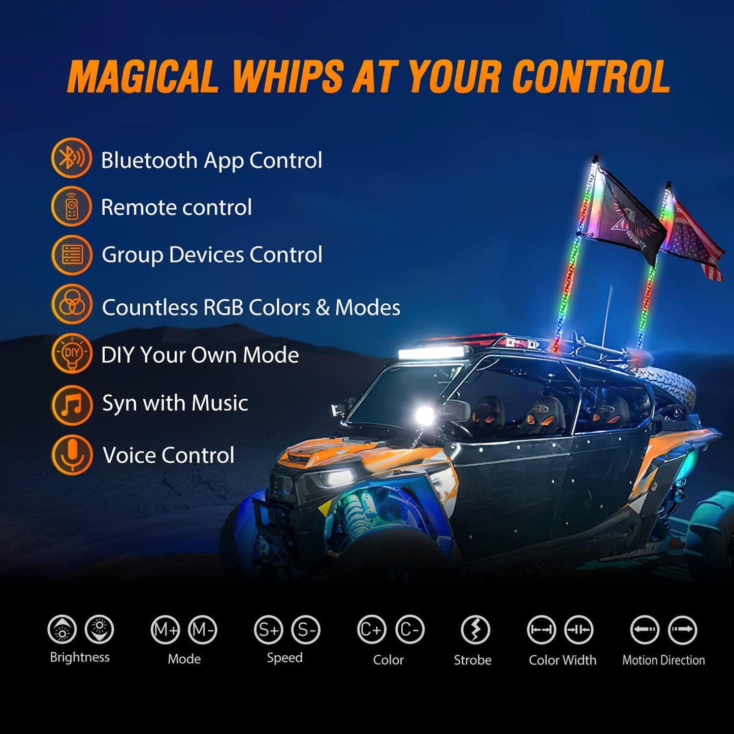 Nilight 2PCS 4FT RGB LED Whip Lights, Remote App Control w/DIY Chasing Patterns Stop Turn Reverse Modes Safety Lighted Antenna for ATV UTV Polaris RZR Can-am Dune Buggy Jeep