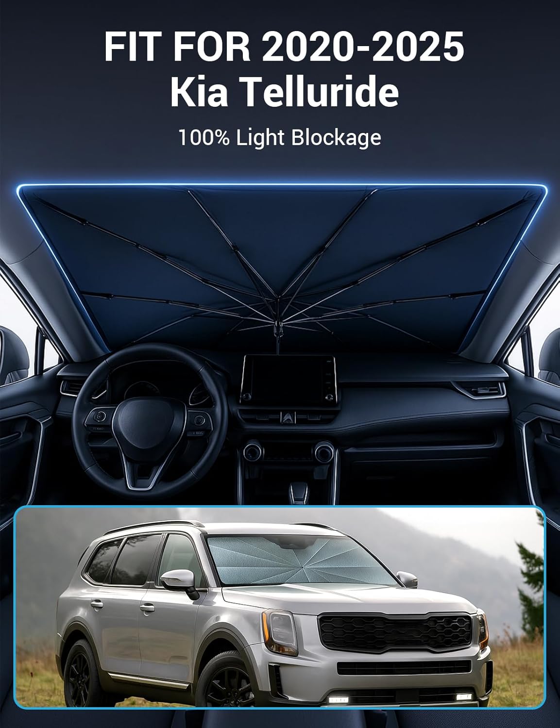 Proadsy Windshield Sun Shade Umbrella for Kia Telluride 2020-2025 2026 Foldable Car Umbrella Sunshade with Soft TPU Handle Spring Structure Crystal Cooling Material Protect Car from Rays & Heat