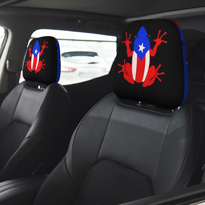 Puerto Rico Car Headrest Covers 2 Pack – Double-Sided Taíno Frog & Puerto Rican Flag Design – Universal Fit Stretch Seat Headrest Protector for Cars, SUVs & Trucks