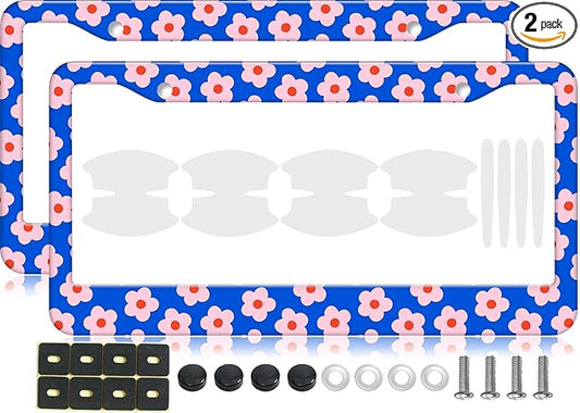 2PCS Pink & Blue Flowers Pattern License Plate Frames for Men Women - Universal Aluminum Stainless Steel Floral Car Tag Covers Holder with Screws, Caps, Rattle Proof Pads and Handlebar Stickers