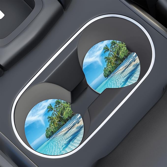 Car Cup Holder Coaster, Car Coasters for Cup Holders, 4 Pack Universal Anti Slip Insert Absorbent Ceramic Auto Interior Accessories with A Finger Notch & Cork Base, Sky and Sea