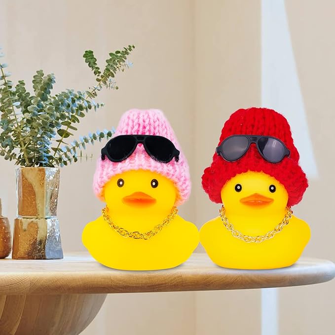 Car Rubber Duck, Yellow Duck Car Dashboard Decorations Accessories with Mini Beanie Hat Necklace and Sunglasses(2 Inch, W4)