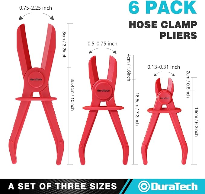 DURATECH 6-Piece Hose Clamp Set, Pinch Clamp Pliers for Flexible Hoses, Fuel, Gas, Brake & Radiator Lines