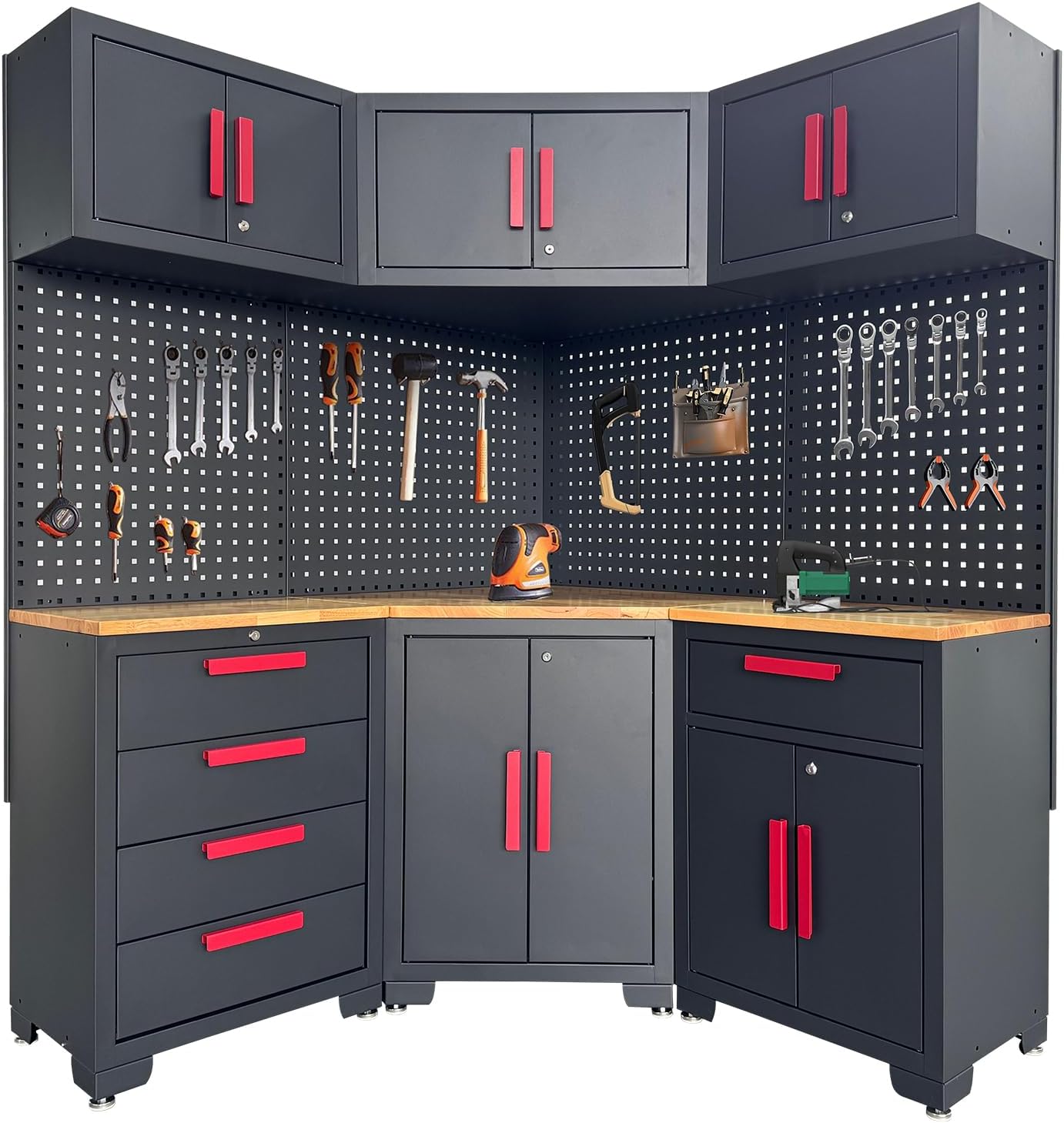 Corner Workshop Set - 10-Pcs Garage Cabinets and Storage System with Corner Cabinet, Cabinet Drawers, Workbench, Pegboard for Tool Organization, Red and Black