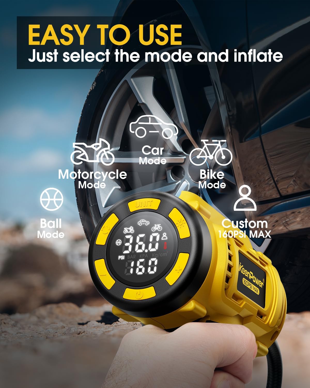 Cordless Tire Inflator Portable Air Compressor, 160PSI Car Tire Air Pump, 21V Rechargeable Battery Powered Air Compressor, Dual Power, Larger HD Digital Gauge w/4+N Smart Modes (Yellow)