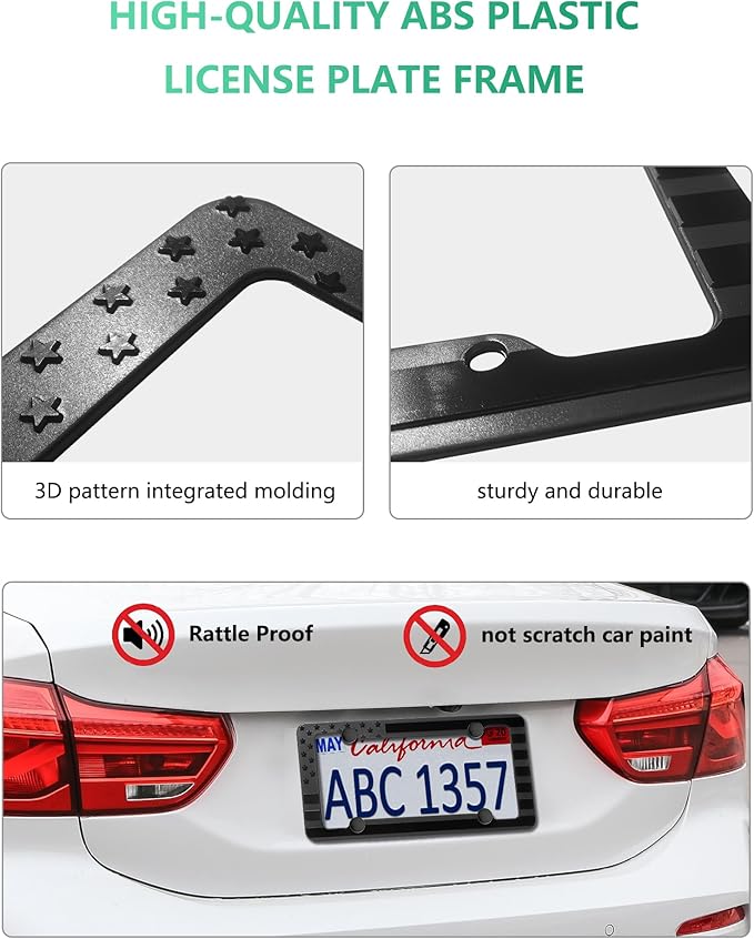 American Flag License Plate Frame 2 Pack - Patriotic USA 3D Embossed Stars and Stripes Design, Black Plastic Car Tag Holder with Keychain & Screws