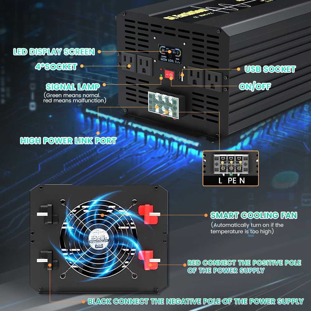 4000W Pure Sine Wave Power Inverter 12V DC to 120V AC 60HZ with LCD Display, USB Port, Wireless Remote Control（10M）, Solar, Outdoor