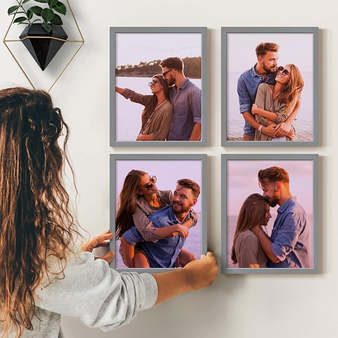 Renditions Gallery Set of 4, 8X10 Custom Photo Prints with Real Wood Picture Frames. Create Personalized Photos with Peel & Stick Photo Frames. Gray Frame