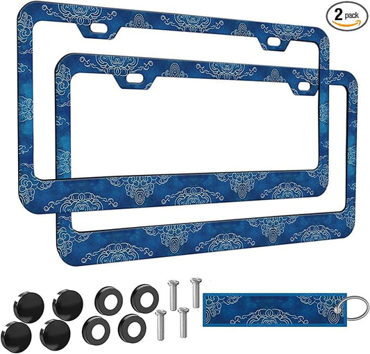 2pcs Blue Texture Japanese Wave License Plate Frame for Women,Traditional Japanese Styles car Decorative tag Frames Girly,Japanese Art License Plate Cover Holder for Vehicle with car Keychain tag