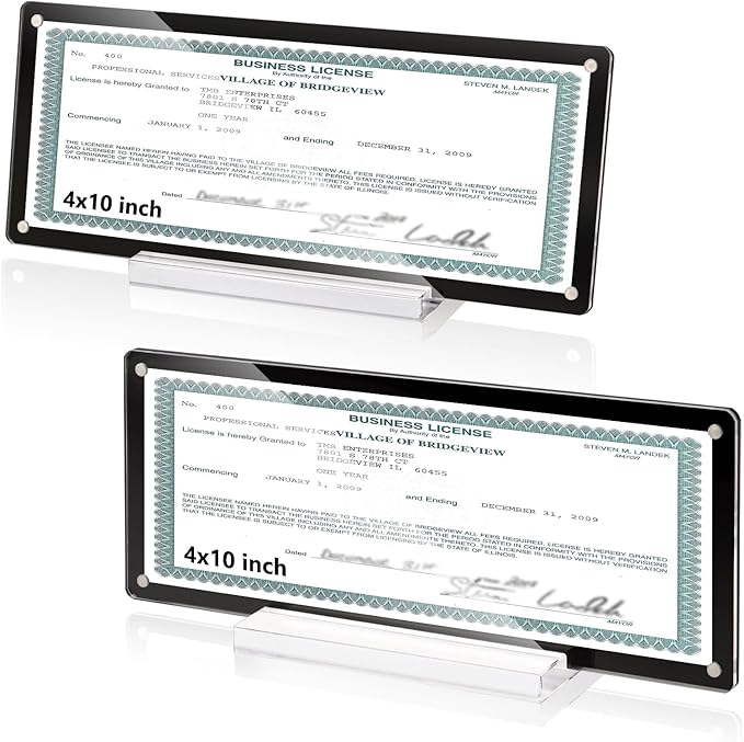 2 Pack 4x10 Business License Holder Magnetic Acrylic Business License Display Frame with Base Black Business License Certificate Frame Tabletop for Desk Office House