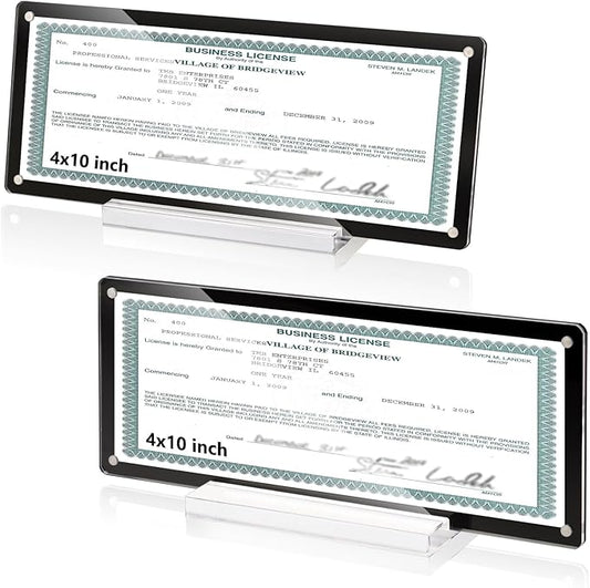 2 Pack 4x10 Business License Holder Magnetic Acrylic Business License Display Frame with Base Black Business License Certificate Frame Tabletop for Desk Office House