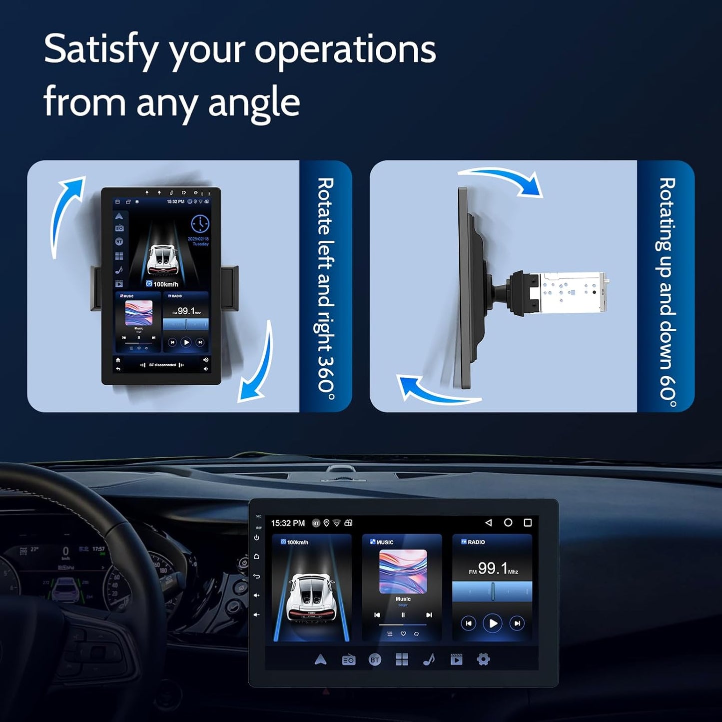 Single din Car Stereo,Rotatable Carplay Screen with 1080P Rear Camera,Wireless CarPlay & Android Auto Touch Screen,Mirror Link|Bluetooth|Music Play|AUX|FM,10.1" Wireless Single Din Car Radio